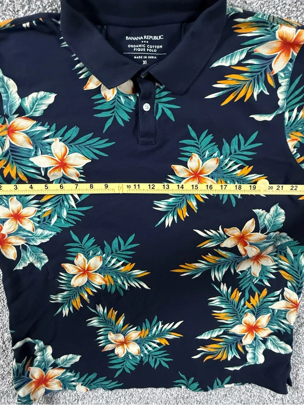 Banana Republic Organic Cotton Pique Polo XL Navy Tropical Floral Hawaiian Shirt
